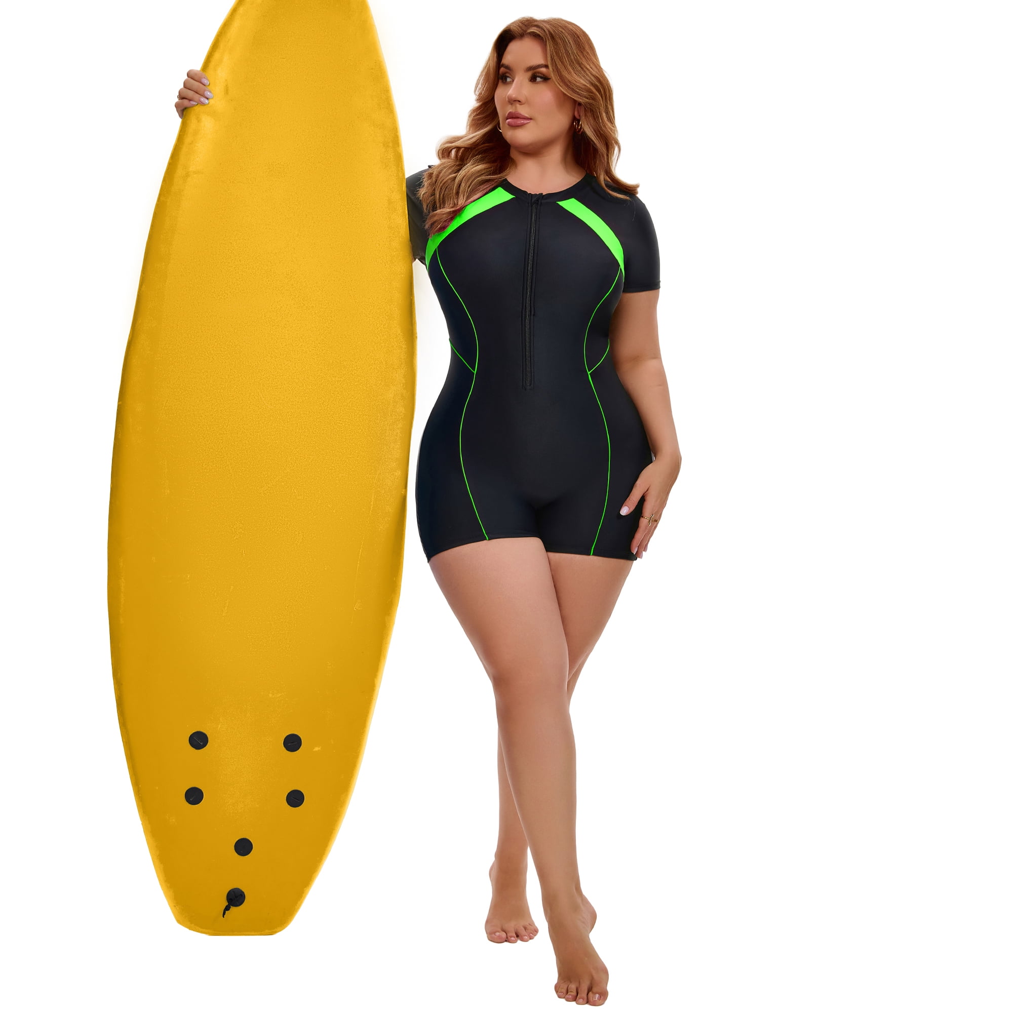 DARING DIVA Women's Plus 1 Piece Surfing with Short Swimwear 4X Black Green