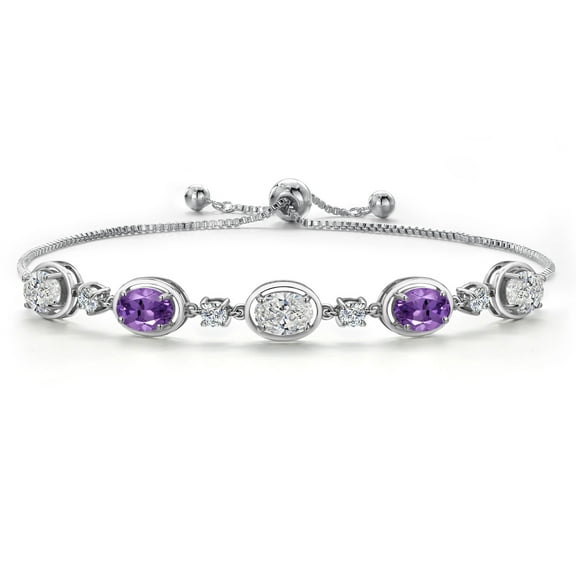 Gem Stone King 925 Sterling Silver White Lab Grown Diamond and Purple Amethyst Bracelet for Women | 3.60 Cttw | Gemstone April Birthstone | Oval 7X5MM | Fully Adjustable 9 inch