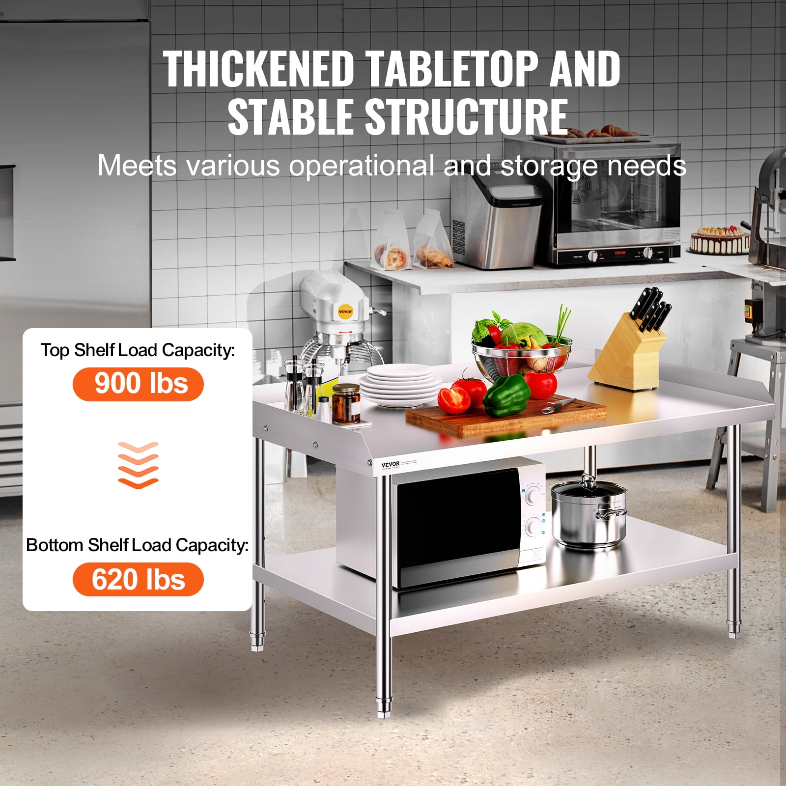 VEVOR Stainless Steel Work Table,30 x 48 x 26 Inch Commercial Food Prep Worktable,3-Sided Backsplash Heavy Duty Prep Worktable,Metal Work Table with Adjustable Height for Restaurant Home Hotel