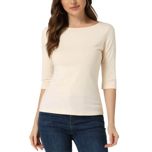 Camisetas de mujer Inspire Chic con mangas de codo, cuello barco, corte ajustado, clásico y casual, camiseta para el Día de la Madre, color beige, talla S