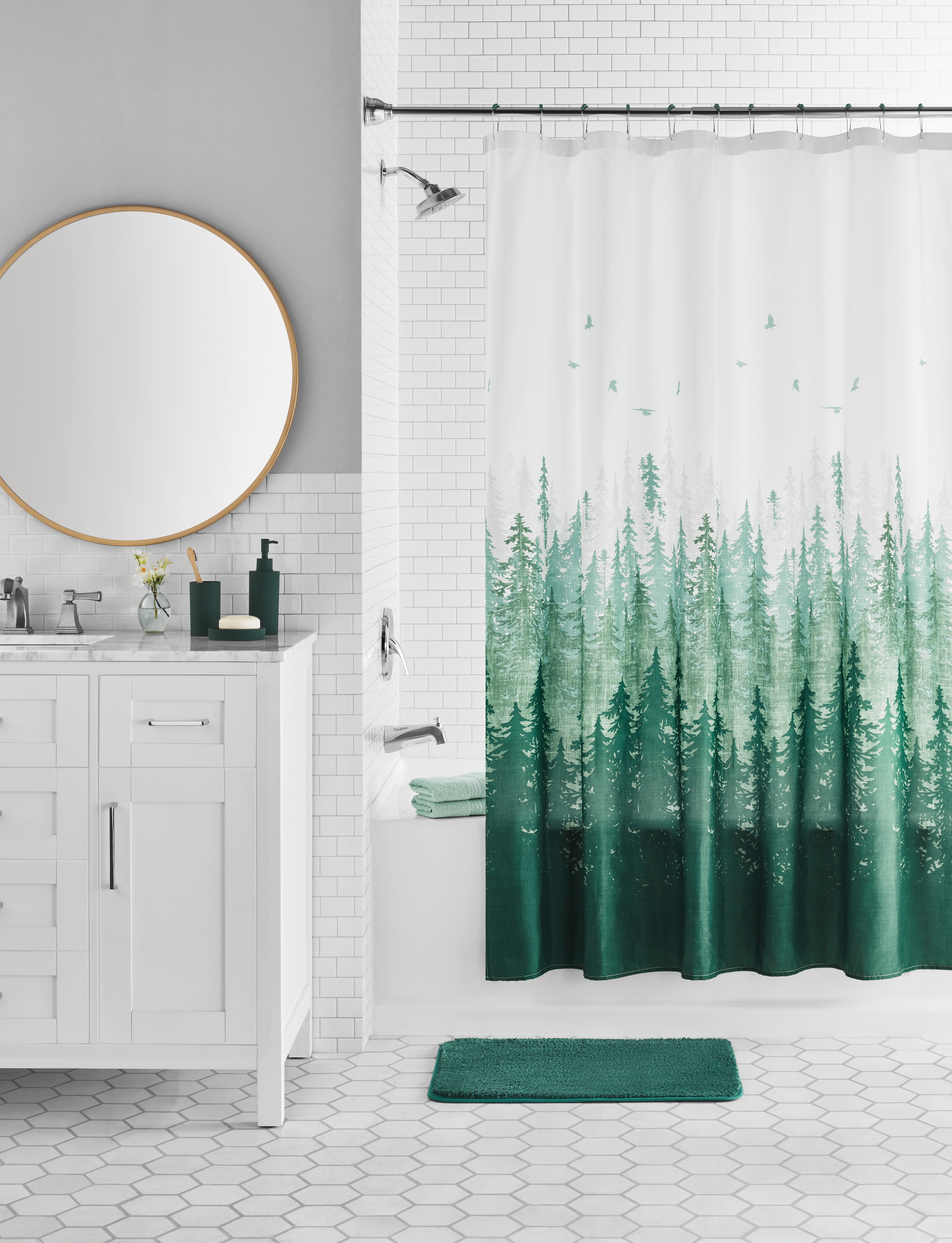 Mainstays 17-Piece Green Trees Polyester/Plastic Shower Curtain & Bathroom Accessory Set