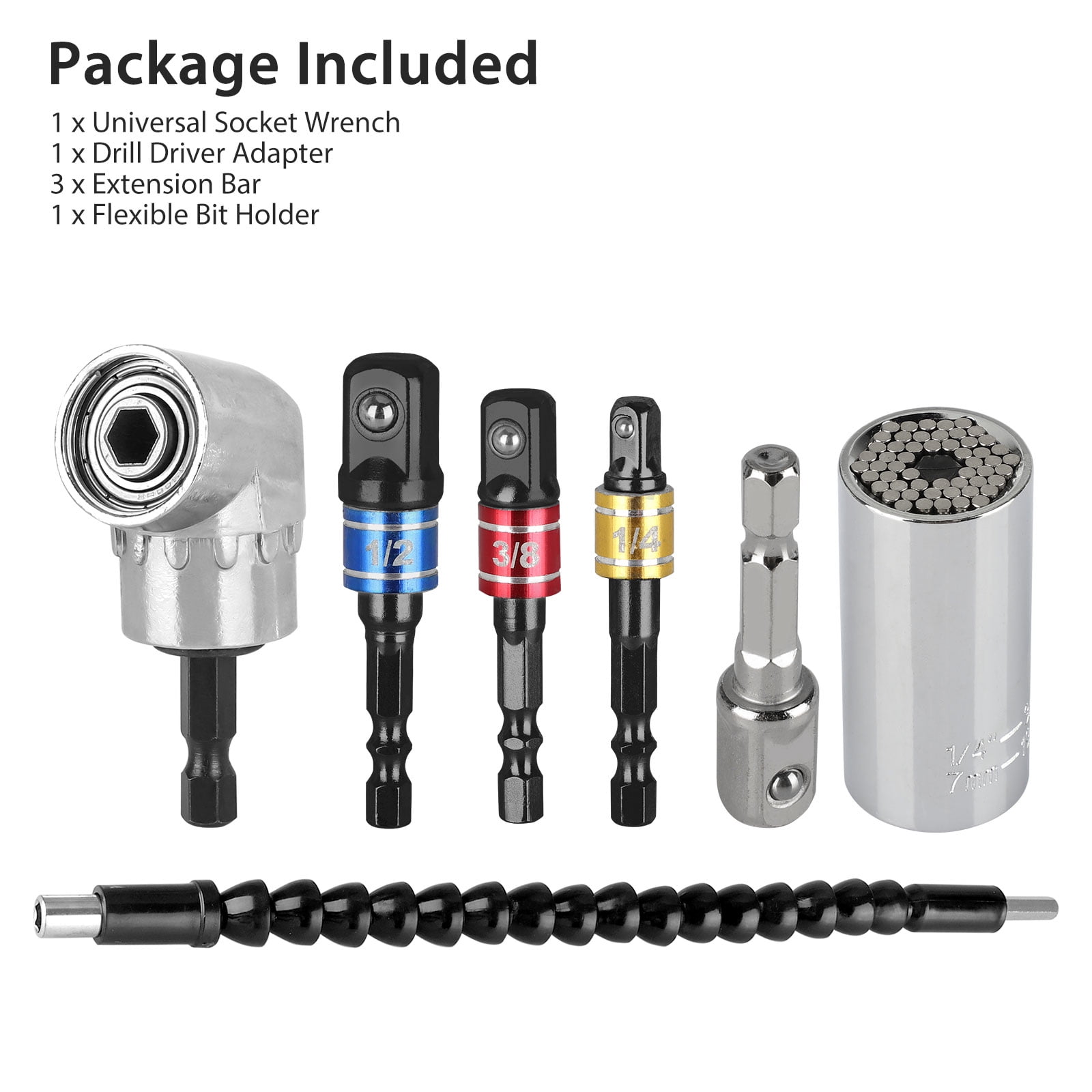 3Pcs 1/4 3/8 1/2 Universal Socket Adapter Set,105 Degree Right Angle Drill 6.35mm Hex Drill Bit for Extension Impact Grade Power Driver Drill Adapter Set 7-19mm Ratchet Wrench 