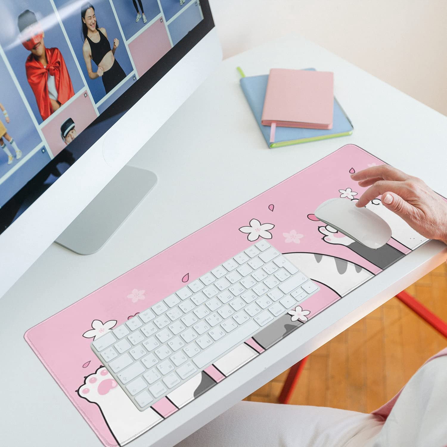 Cat Paw Gaming Mouse Pad for Desk, Extended Large Kawaii Cherry Blossom Mouse Pad, Pink Mousepad XL, Cute Sakura Mouse Pad Anime, Long Big Mouse Mat, Kawaii Decor Stuff Accessories, 31.5 X 11.8 Inch
