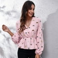 thumbnail image 3 of SWSMCLT Women's Long Sleeve Blouse V Neck Tops High Ruched Blouse Shirt Chiffon Peasant Work Cute Summer Patterned10 Large, 3 of 4