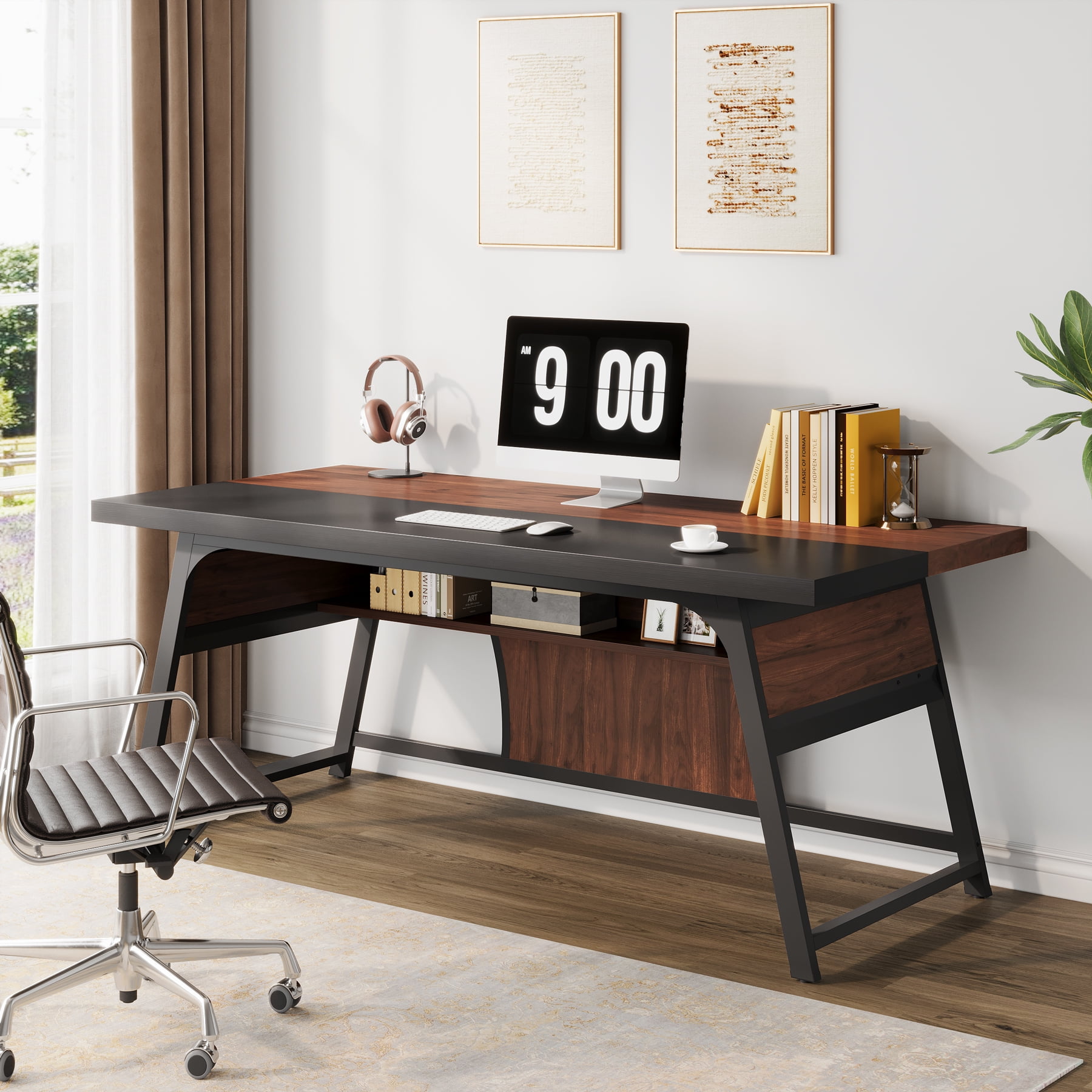 Condemo 63 Inch Executive Office Desk, Large Computer Table with Metal Frame & Storage Shelf, Study Writing Workstation with LED Light, Modern Business Furniture for Home Office, Walnut and Black