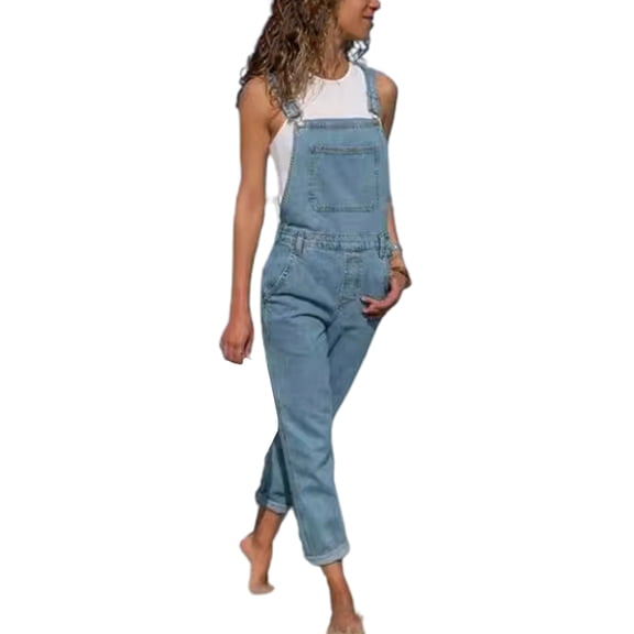 Quixlent Women Denim Jumpsuit Side Pockets Solid Color Adjustable Strap Plus Size Loose Backless Square Neck Backless Lady Overalls