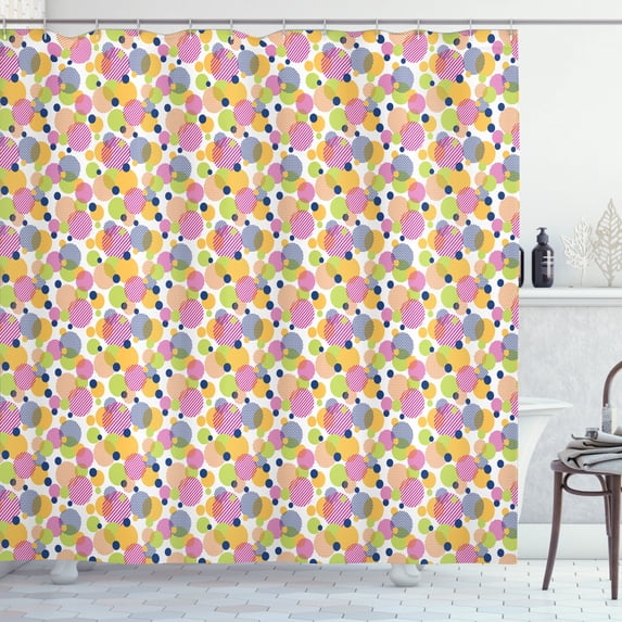 Abstract Geometry Shower Curtain, Circles Lines Dots Ovals Motif Arrangement on Plain Background, Fabric Bathroom Set with Hooks, 69W X 84L Inches Extra Long, White and Multicolor, by Ambesonne
