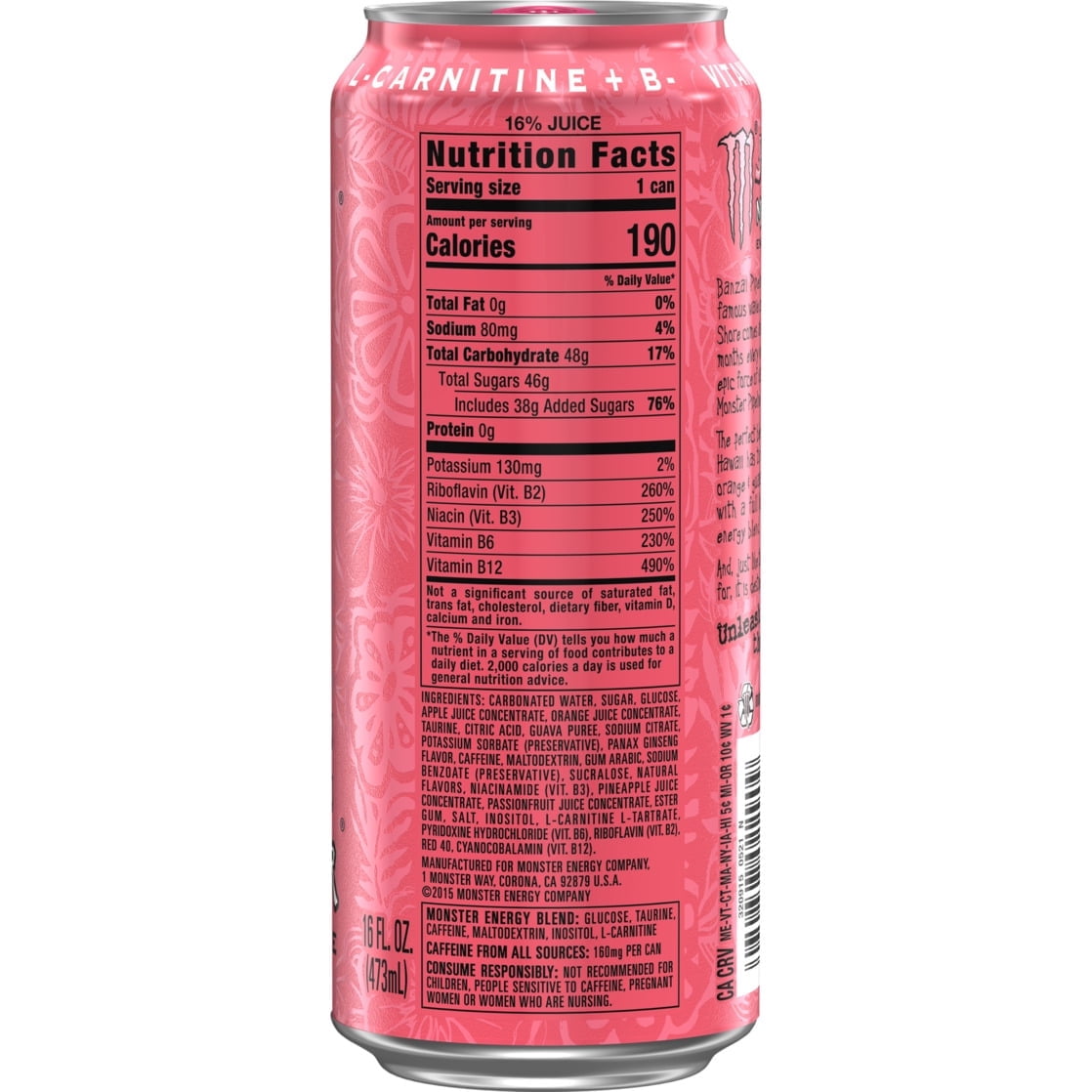 Monster Energy Juice Pipeline Punch, Juice + Energy Drink, 16 fl oz, 12-Pack