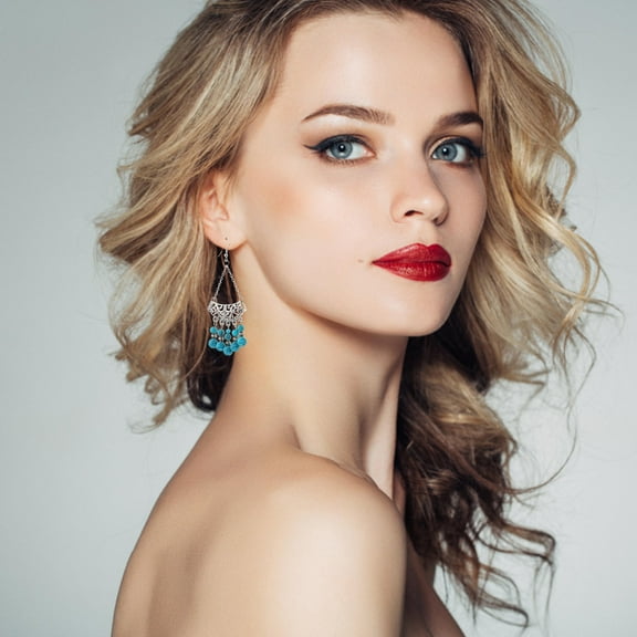 GOOHOCHY Blue Beaded Ethnic Jewelry Set for Women Vintage Boho Necklace Earrings Headchain with Zinc Alloy and Plastic 7 inches