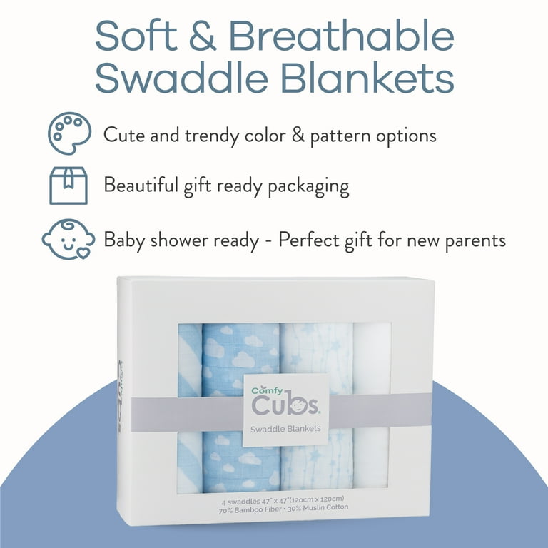 Comfy Cubs Muslin Swaddle Blankets Neutral Receiving Blanket Swaddling Wrap for Boys and Girls Baby Essentials Registry Gift Blue