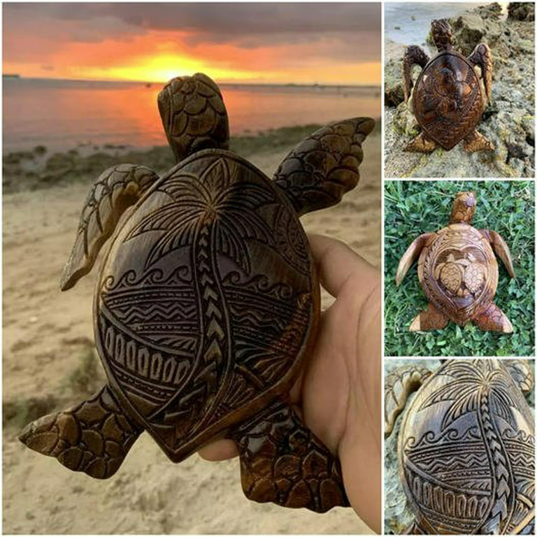 Turtle Wood Carving,Hawaiian Turtles Wooden Hand Carved Turtle Tortoise  Statue,Seaside Tropical Nautical Ocean Coastal Decor 