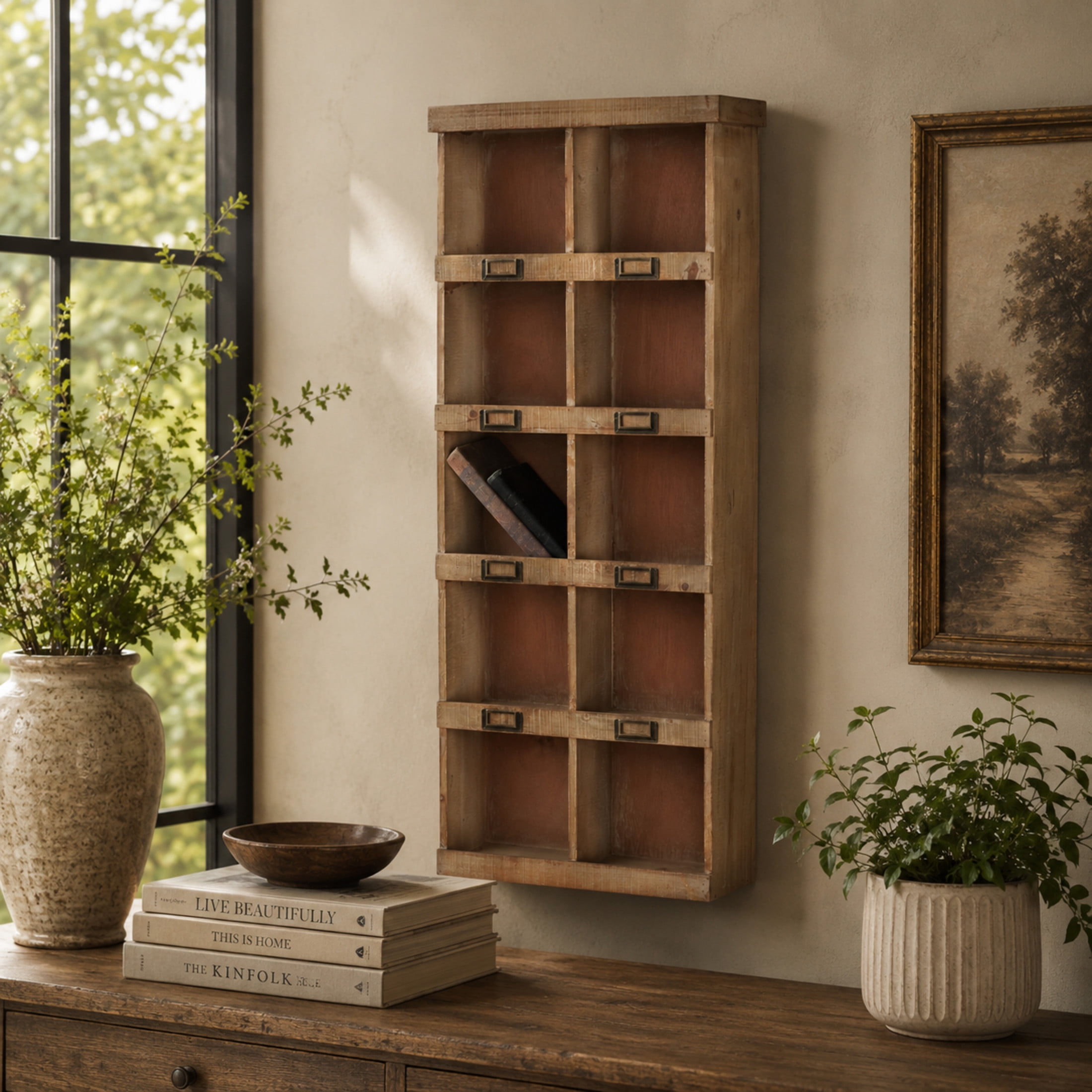 DecMode Rustic Bookcase Inspired Wood Wall Shelf with 10 Square Units and Brown Wood Grain Finish, 18"W x 42"H