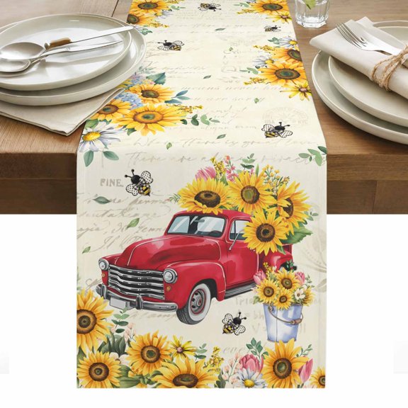 Yellow Sunflowers Table Runner - 60 Inch Long, Kitchen Dining Table Runner Dresser Scarves, Spring Red Car Vintage Farmhouse Farmhouse Decor for Coffee Tables Wedding Party Banquet