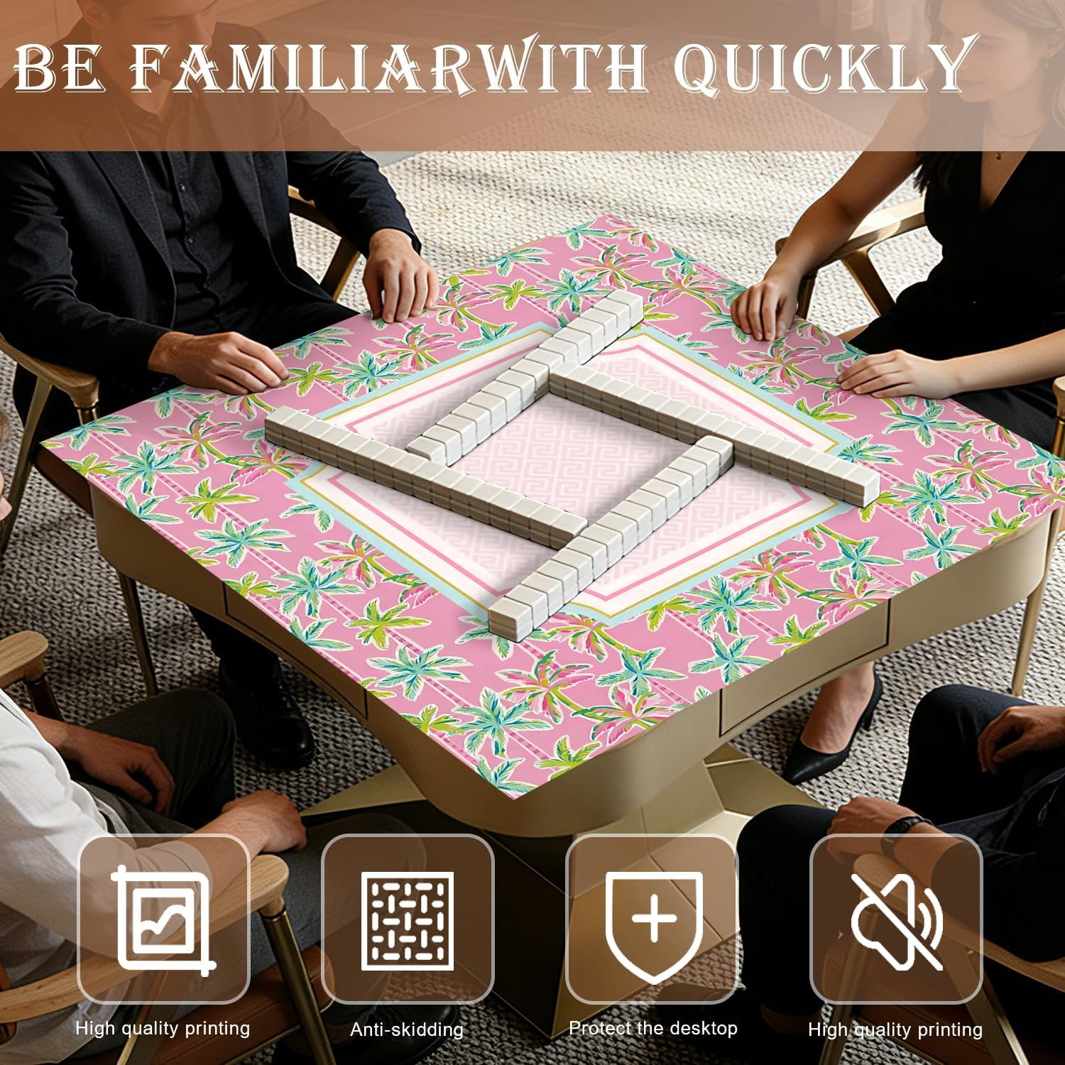 Pink and Green Tropical Mahjong Mat for Table 31.5x31.5 in, Summer Tropical Palm Tree Mahjong Table Mat Cover Anti Slip Noise Reduction for Mah Jong Card Board Tile Games