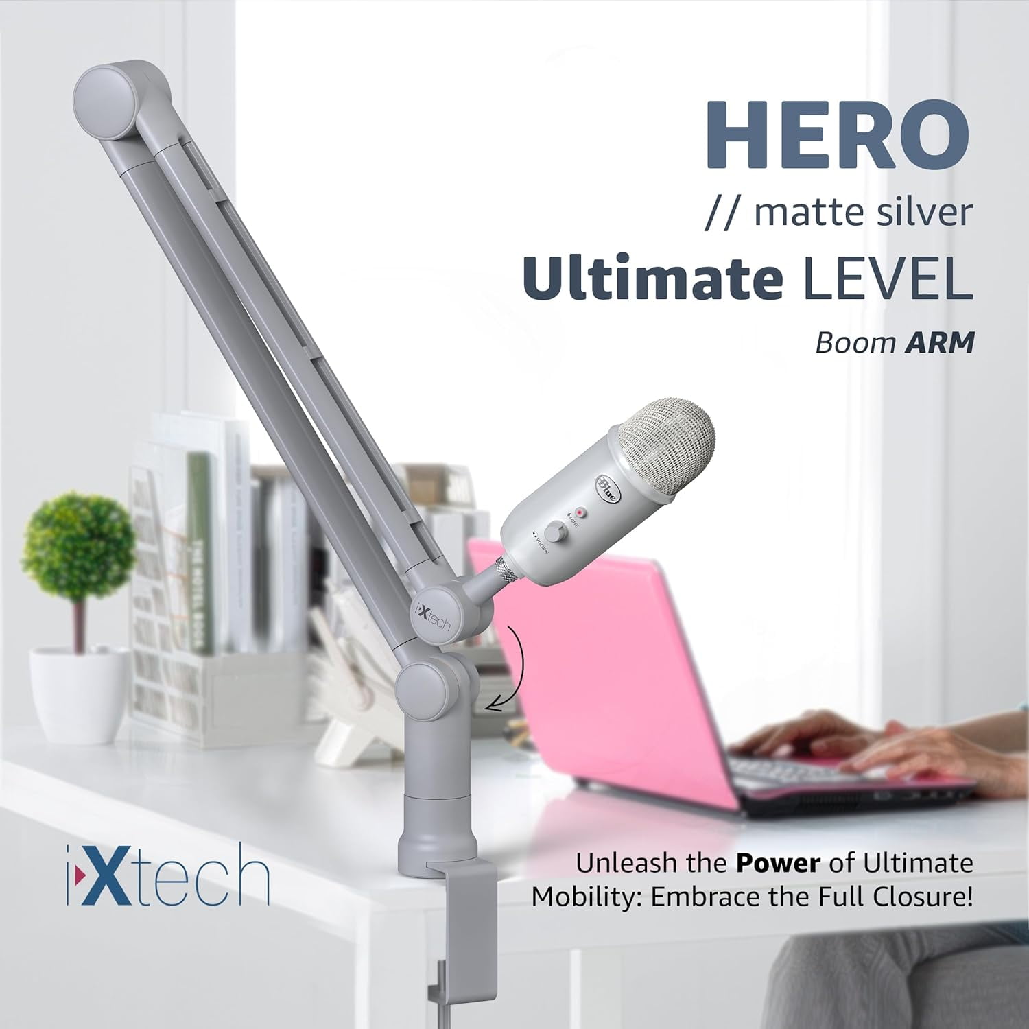 IXTECH Boom Arm - Adjustable 360° Rotatable Microphone Sturdy Stainless Steel Mic Desk, Table Stand Foldable Scissor Stable Mount Arms for Radio Studio, Podcast, Gaming (HERO MATTE SILVER)