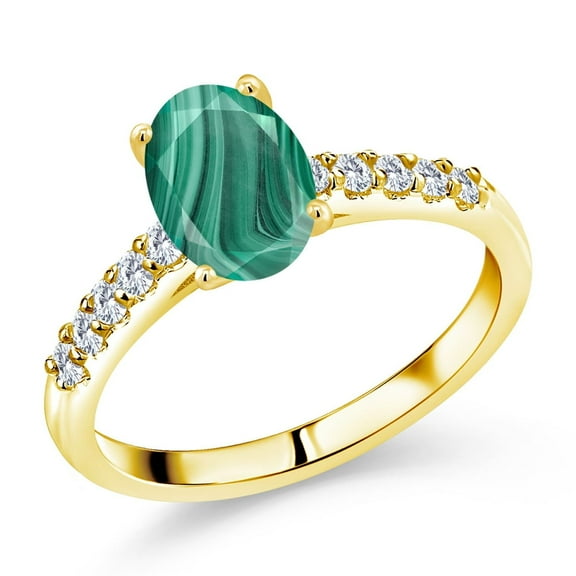 Gem Stone King 2.70 Ct Oval Green Malachite E-F Lab Grown Diamond 10K Yellow Gold Ring (Size 5)