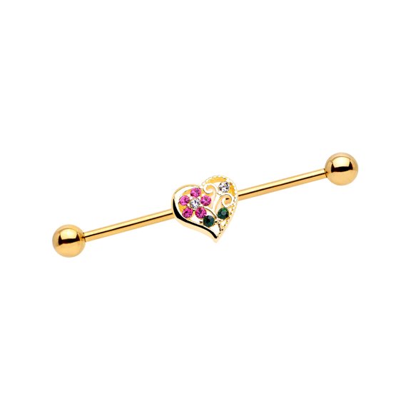Body Candy 14G Plated Steel Helix Cartilage Earring Pink Accent Flower Heart Industrial Barbell 1 1/2"