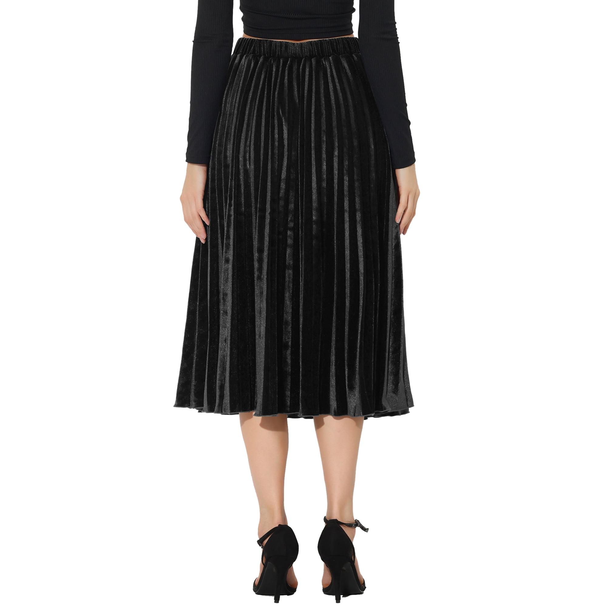 Unique Bargains Juniors High Elastic Waist Swing Flare Hem Velvet Pleated Skirt Black XS