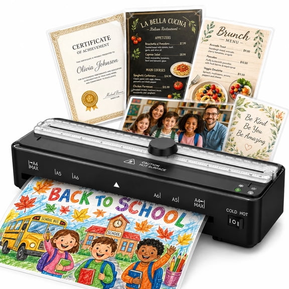 9-Inch A4 Laminator Machine with Built-In Cutter, Includes 10 Pouches, Quick 90s Warm-Up for Home Office School