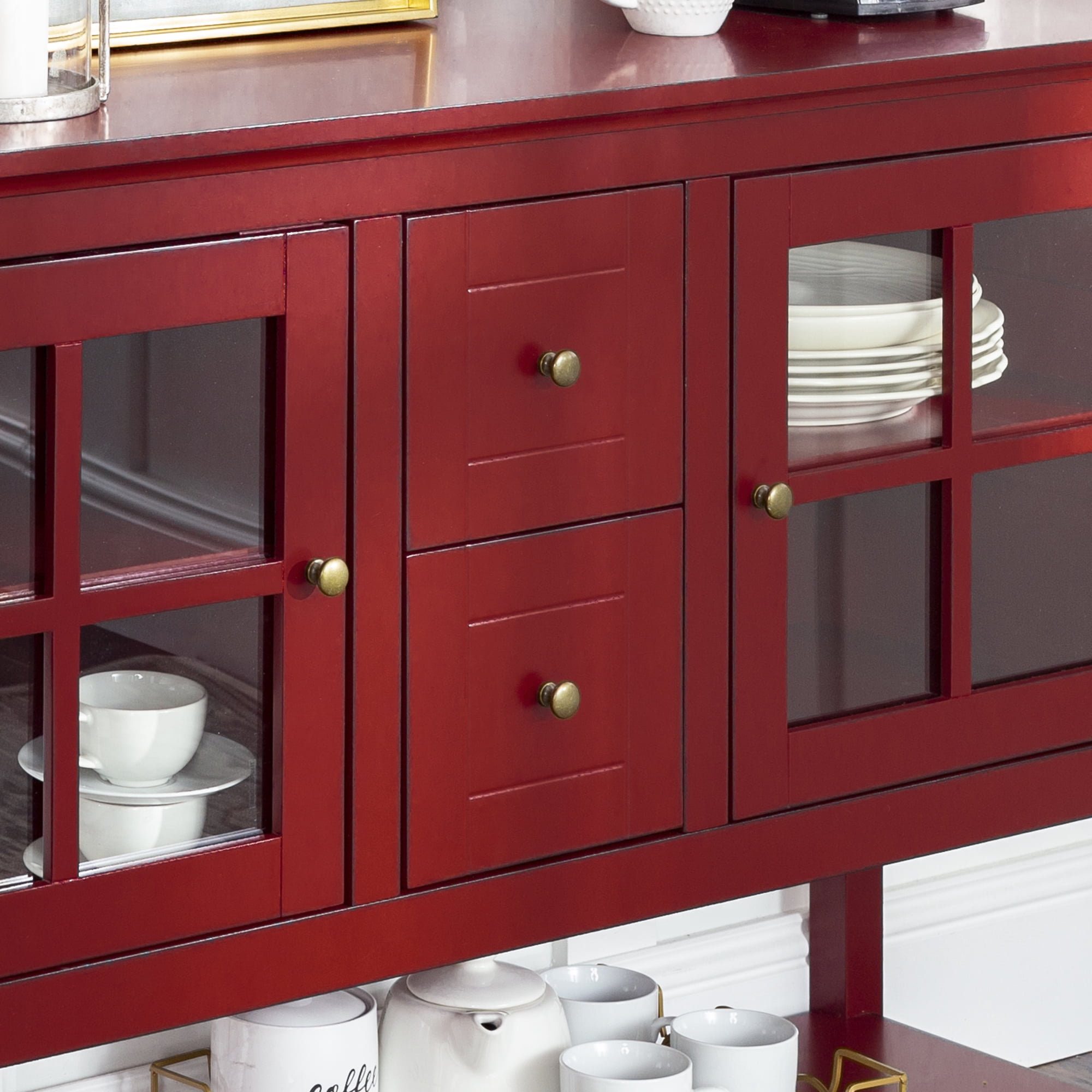 Walker Edison Modern 52" Glass Door Dining Buffet Table, Red