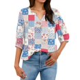 thumbnail image 6 of Women's Patchwork Floral Print 3/4 Sleeve Henley Top - V-Neck Button Tunic Blouse, Loose Fit Boho Casual Summer Shirt for Vacation, Beach, Daily Wear Blue XL, 6 of 6