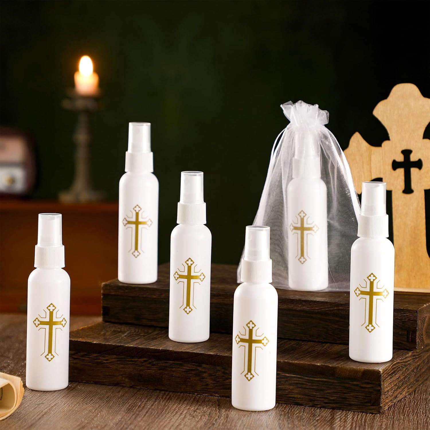 48 Pcs 2 oz Holy Water Spray Bottles Catholic Bulk Plastic Holy Water Empty Containers with Organza Bags for Church Events Wedding Baptism Party Favors