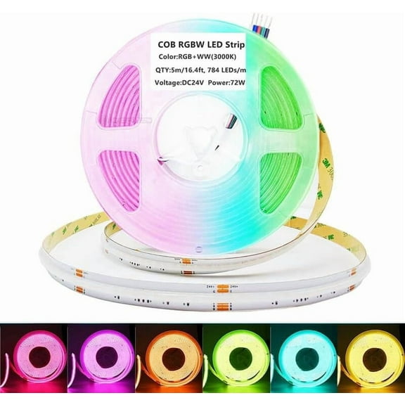 24V COB RGBW LED light strip only, 5M flexible high-density uniform RGBWW LED light strip with dimmable brightness, suitable for ambient lighting