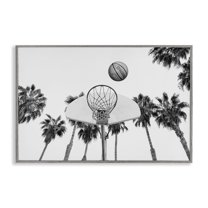 Stupell Industries Basketball Hoop with Palms Sports Painting Gray Framed Art Print Wall Art, 24 x 16