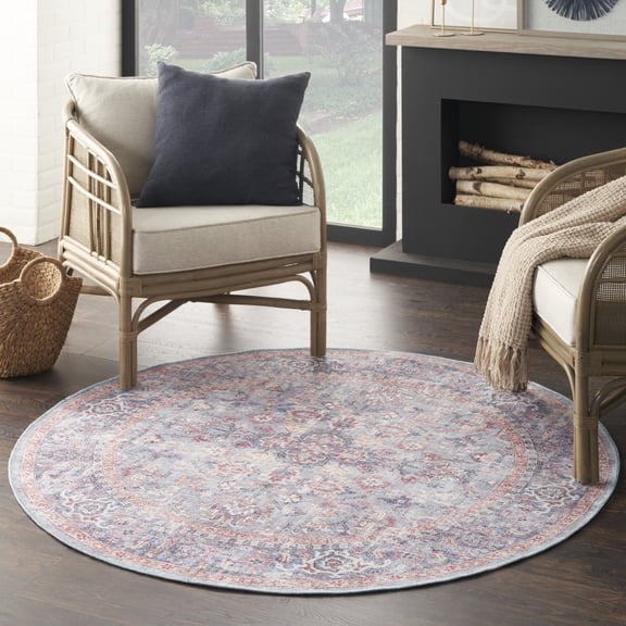 Nourison Home Machine Washable Series 1 Vintage Blue Multicolor 7'10" x Round Area Rug (8 Round)