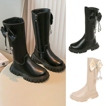 

Fall/Winter New Bow Knot Long Barrel Leather Little Girl Fashionable Princess Boots Black qILAKOG Size 2.5