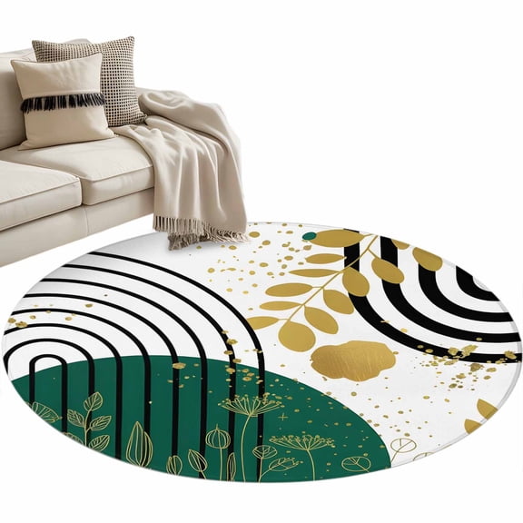 Boho Green 3ft Area Rug, Gold Leaf Black Bohemian Plant Circle Flower Washable Non-Slip Small Round Rugs for Entryway Bedroom Kitchen, Soft Circle Carpet for Dining Room, Playroom Nursery Rug