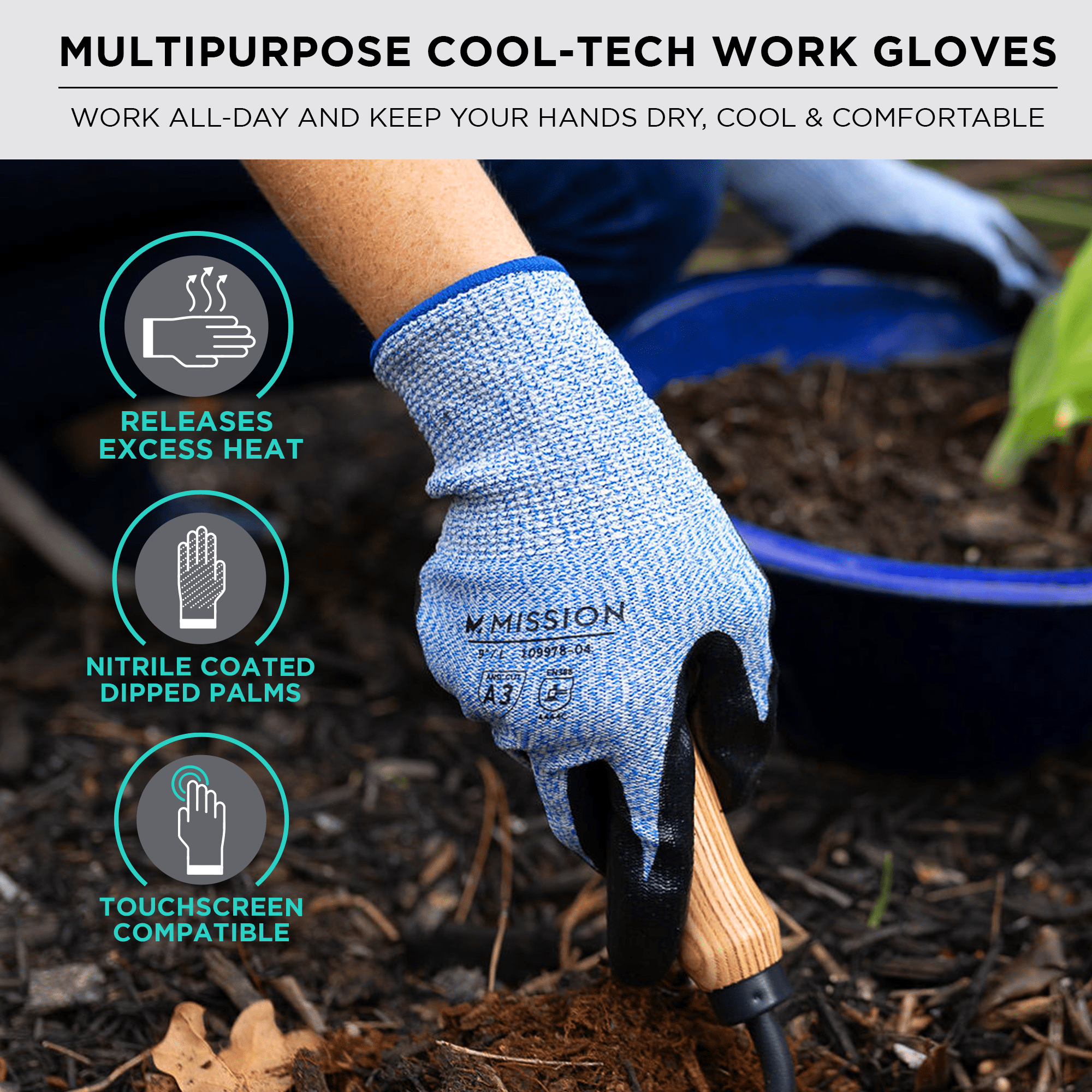 MISSION Cool Tech Work Gloves ANSI & EN Cut Level 3, Nitrile Palm, Washable, Size XL