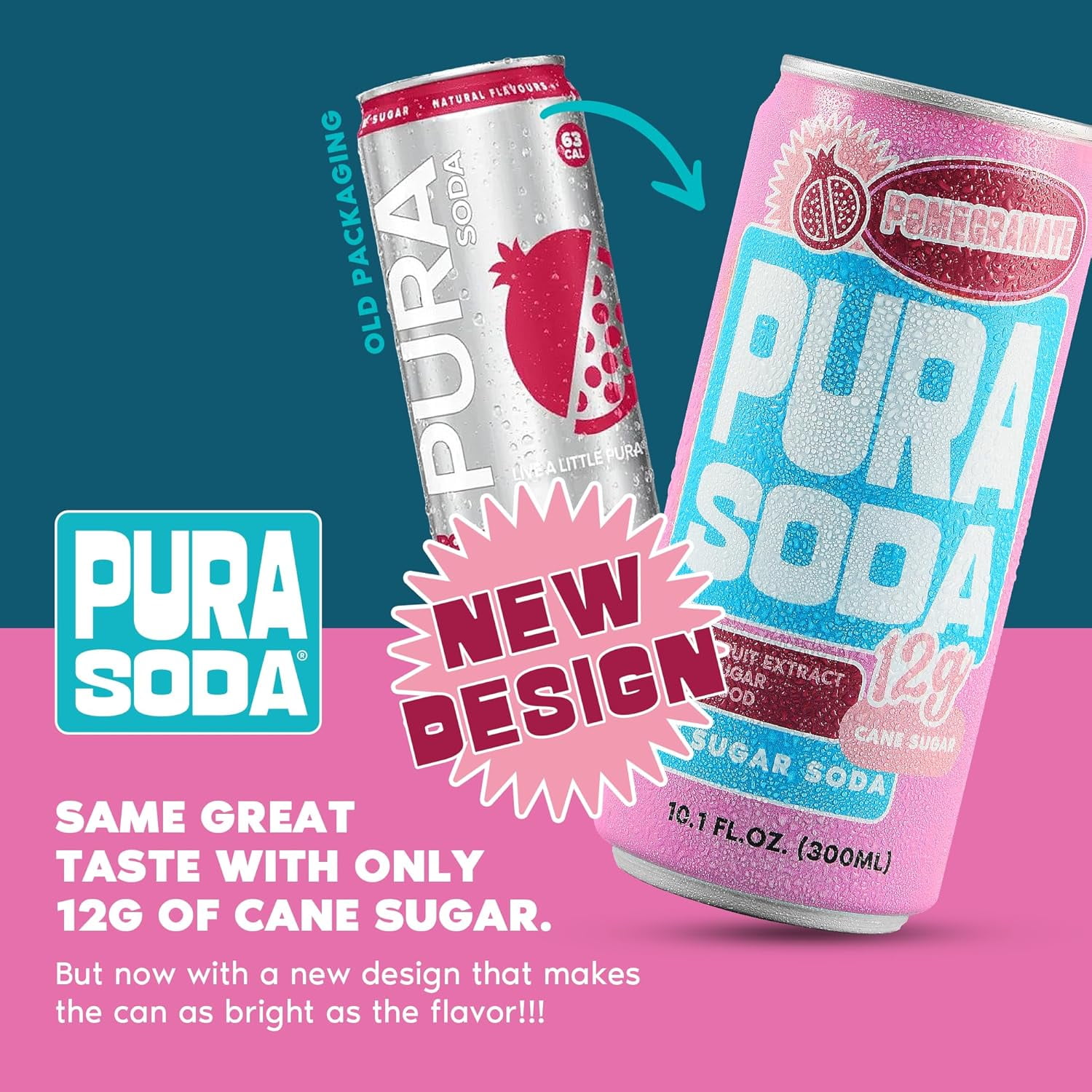 PuraSoda® Pomegranate | Low-Calorie, Cane Sugar Soda Beverage | Non-GMO, Vegan | Made with Pure Cane Sugar, No Preservatives | 10.1 fl oz (300ml) Cans, 24-Pack