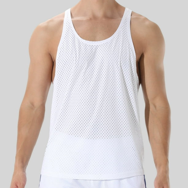pstuiky Camisetas sin mangas para hombre, Camiseta de cuello redondo sin mangas de malla de color liso para hombre Tops elegantes para mujer s