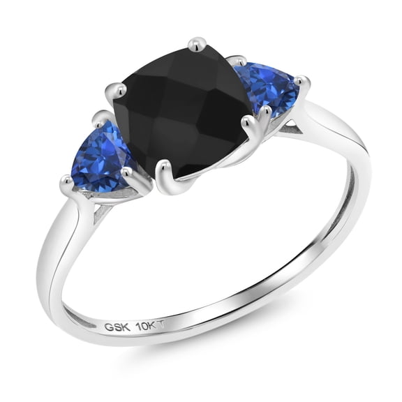Gem Stone King 10K White Gold Black Onyx and Blue Created Sapphire 3-Stone Engagement Ring for Women (2.01 Cttw, 7MM Cushion Checkerboard and 4MM Trillion, Size 6)