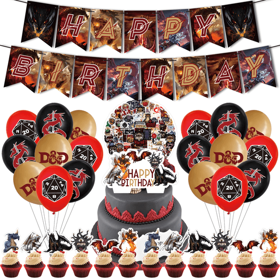 82 Pcs For Dungeons and Dragons Theme Birthday Party Decorations Set,13 Cupcake Toppers,With 1 Happy Birthday Banner,18 Balloons,50 Stickers,Party Kit Supplies All in One Celebration