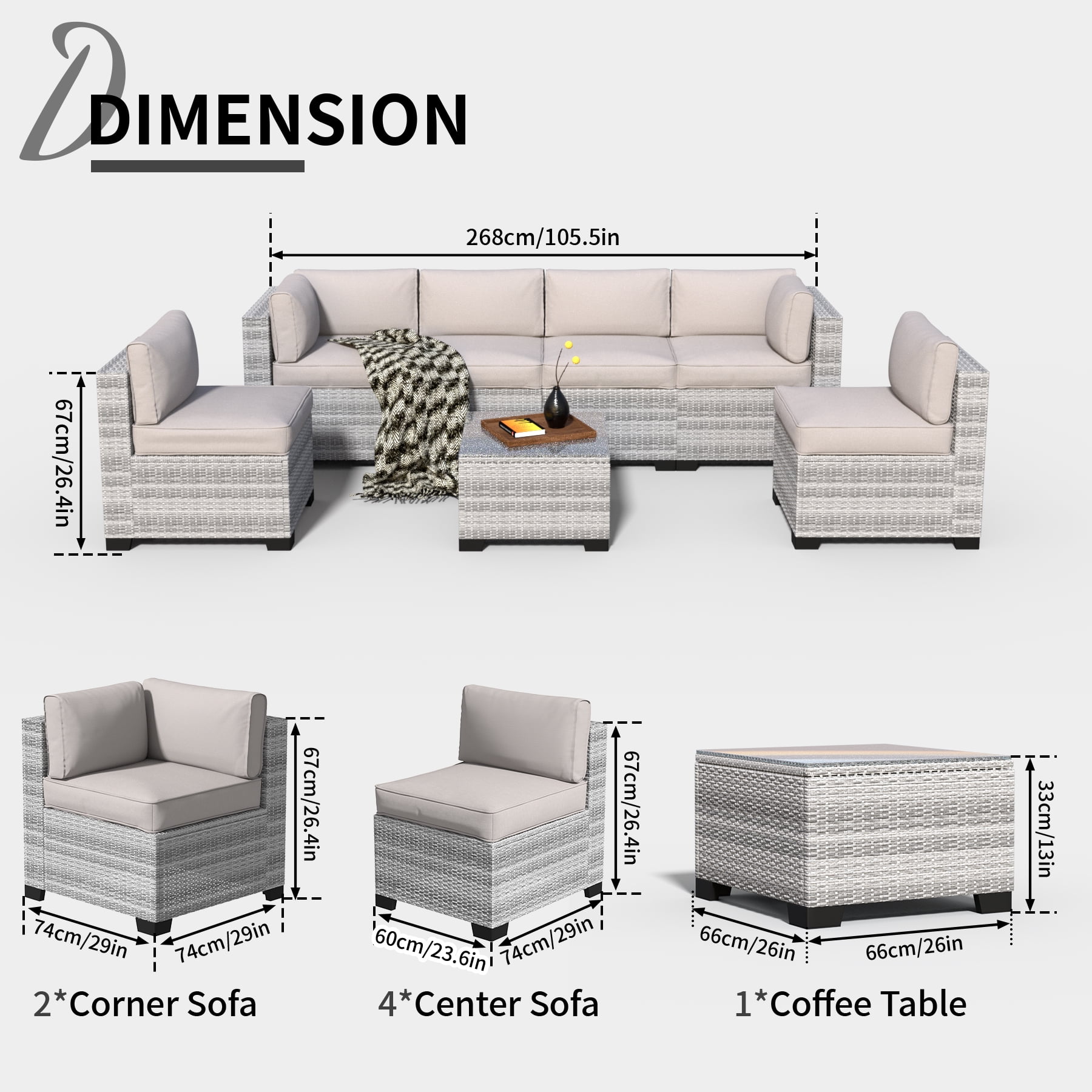 7-Piece Outdoor Sectional Patio Furniture Set, All-Weather Wicker Rattan Sofa with Thick Washable Cushions & Tempered Glass Table, Perfect for Garden, Poolside, Backyard (Dusty Gray)