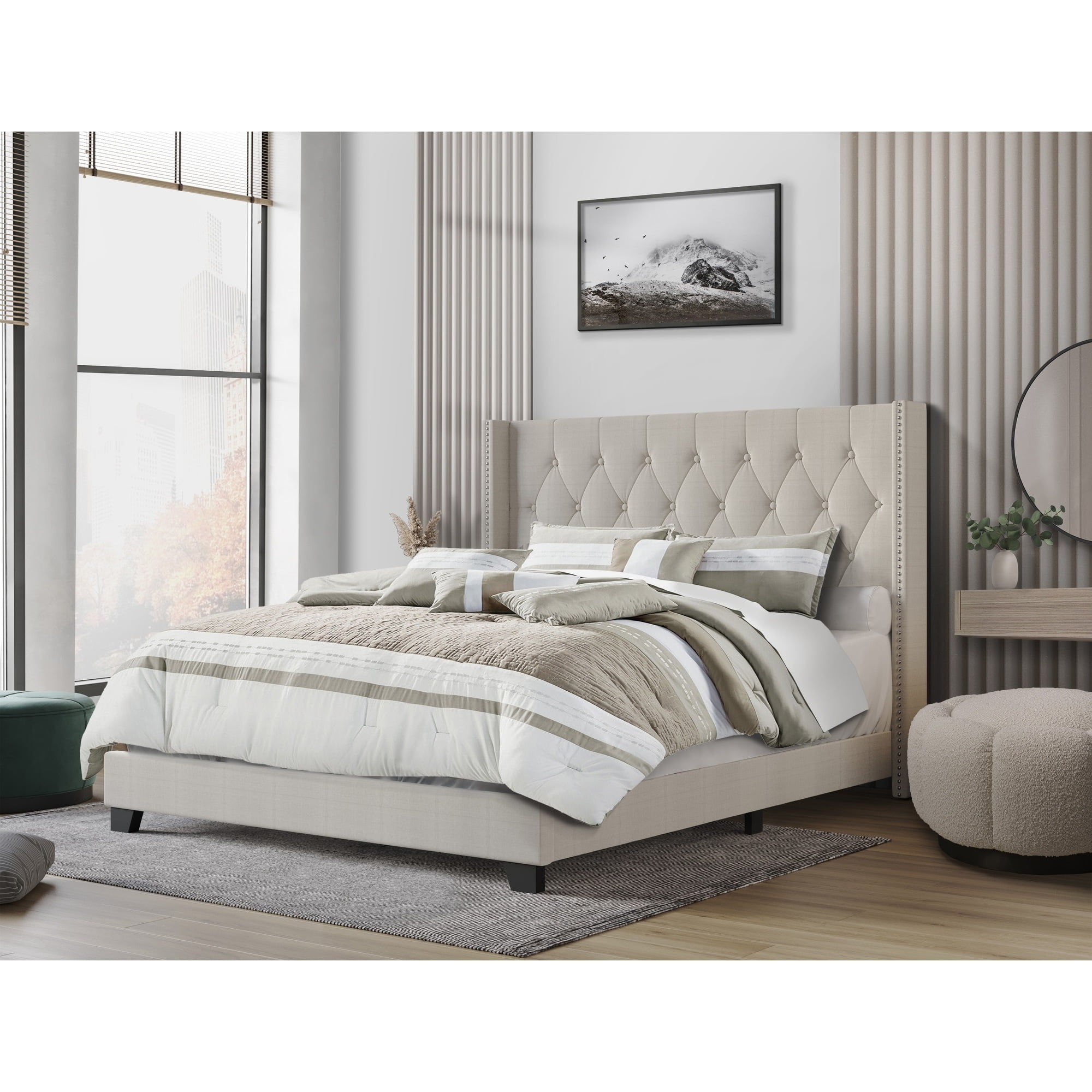 Home Design Danbury Queen Tufted Upholstered Panel Bed Frame For Adult, Box Spring Required (Sold Separately), Warm Gray