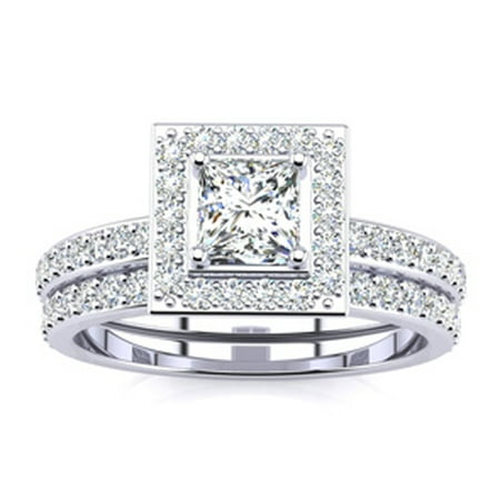 1 Carat Princess Cut Pave Halo Diamond Bridal Set in 14k White Gold Size 6
