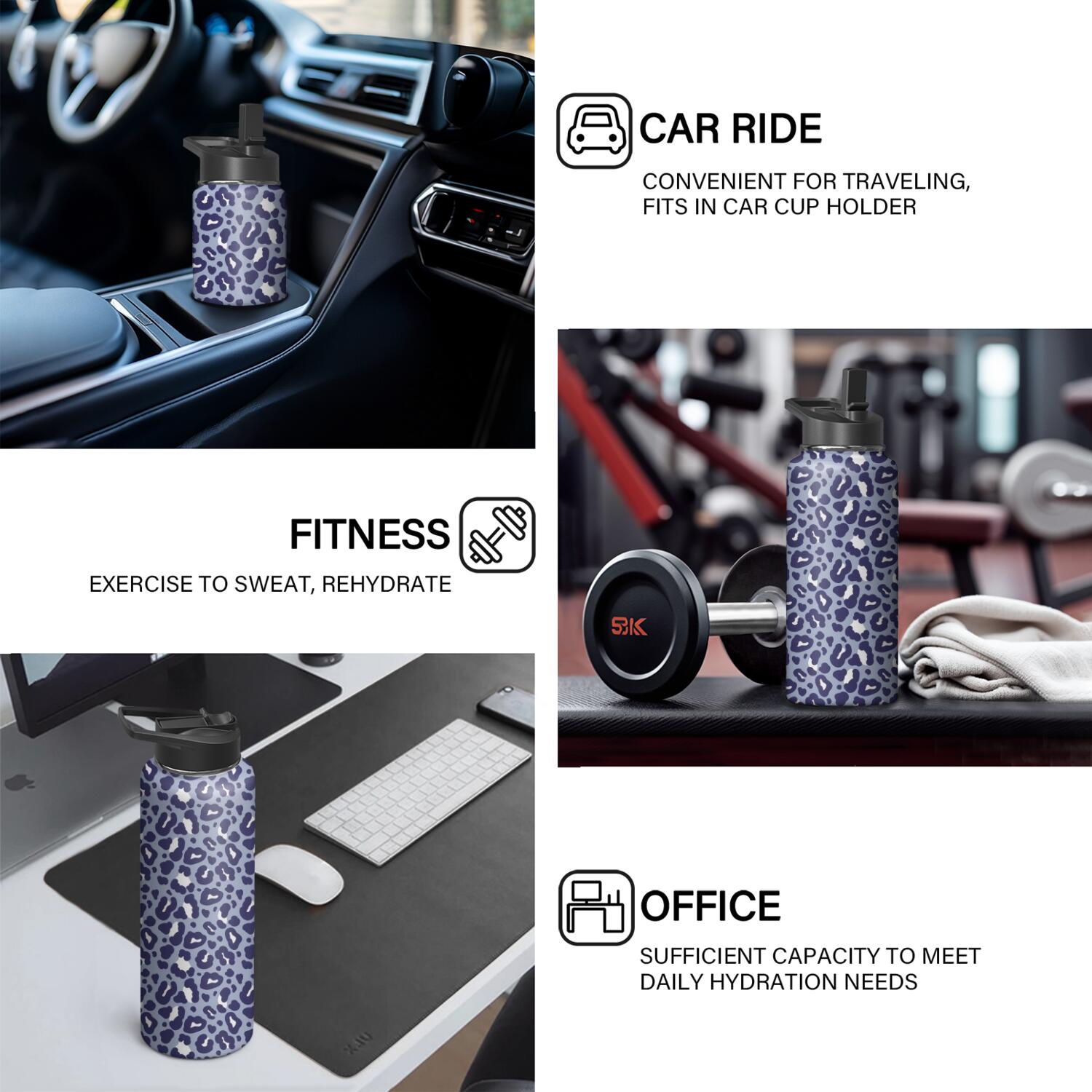 Leopard Print Insulated Stainless Steel Water Bottle with Straw & Cleaning Brush – 18 Oz | Leakproof, BPA-Free, 304 Stainless Steel, Wide Mouth, Travel Mug for Car, Gym, Office