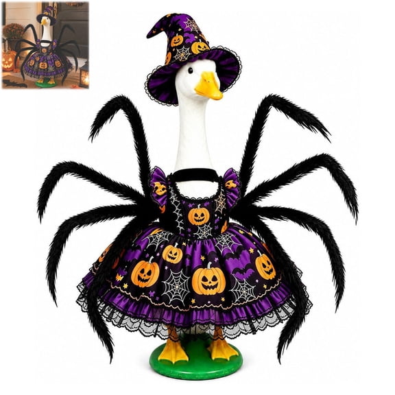Spider Witch Goose Outfit, Halloween Porch Goose Outfit, Lawn Porch Goose Clothes, Fits 23 Inch Goose Statue for Halloween Outdoor Garden