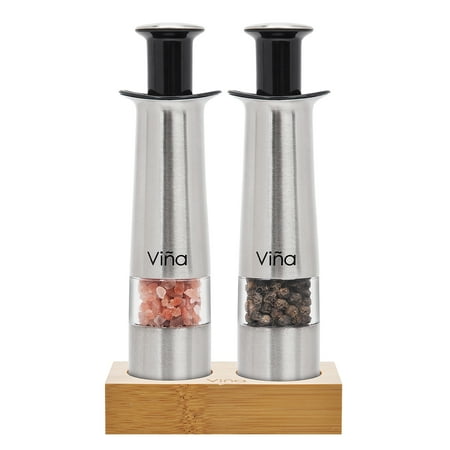 Stainless Steel Salt Pepper Mills - Vina Manual Salt Pepper Grinder Set with Bamboo Stand, Mini Stainless Steel Thumb Push Mills for Gourmet Home Restaurant Buffet, Pack of 2