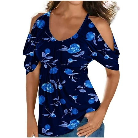 

Women Clothes Clearance Womens Floral Bustier Crew Neck Spandex Top Bustier Tees Short Sleeve Off The Shoulder Bustier QZ