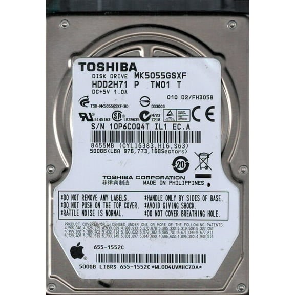 MK5055GSXF HDD2H71 P TW01 T F/W: D2/FH305B MAC 655-1552C Toshiba 500GB