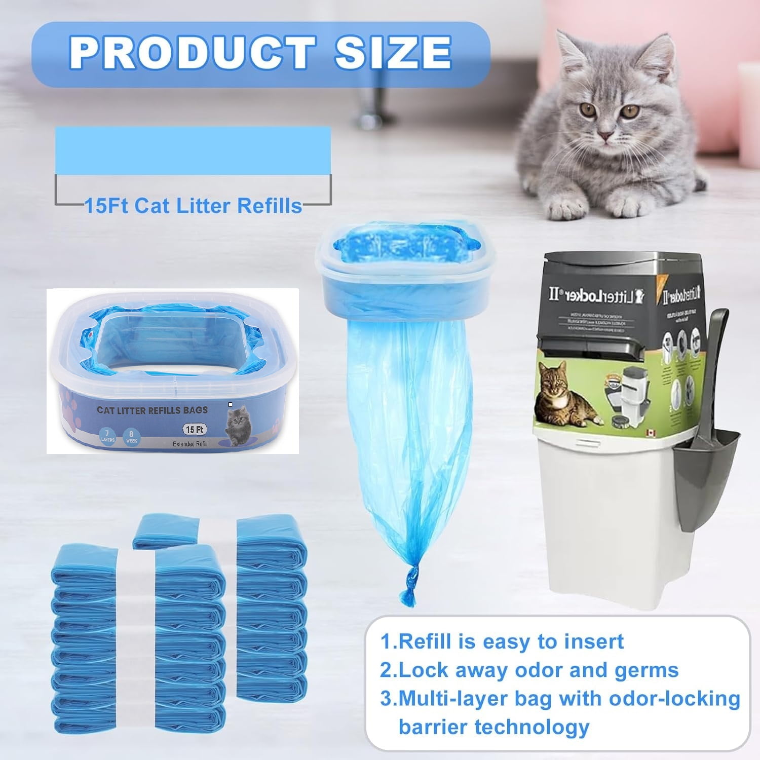 12 Pack Cat Litter Refills Bags,Litter Refills Compatible with genie bag refills Cartridge,Cat Litter Refills Scented Bag Compatible with Your Standard and Plus Genie Litter Refill Cartridge,Bule