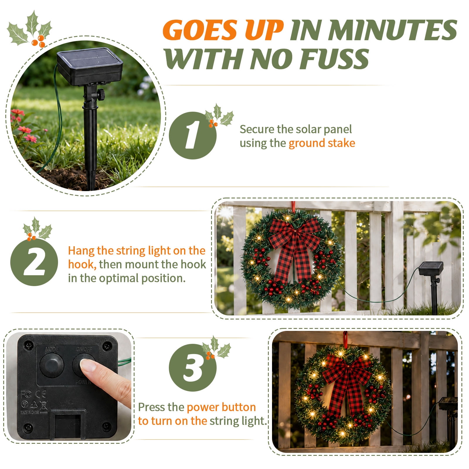 Astoutdoor Set of 3 Solar Christmas Wreaths, 14 in, 210 PVC Tips, 60 Warm White LEDs, 8 Modes, Ground Stake, White