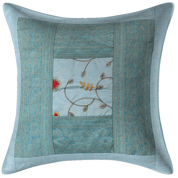 Stylo Culture Ethnic Decorative Throw Pillow Cover Embroidered 16 x 16 Brocade Patchwork Light Blue Traditional 40 x 40 cm Bedroom Polydupion Floral Square Cushion Cover | 1 Pc
