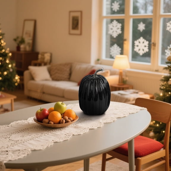 Large Black Faux Foam Pumpkin Decoration | Realistic Halloween & Christmas Prop | Indoor/Outdoor Use | 1-Piece Life-Size Artificial Pumpkin