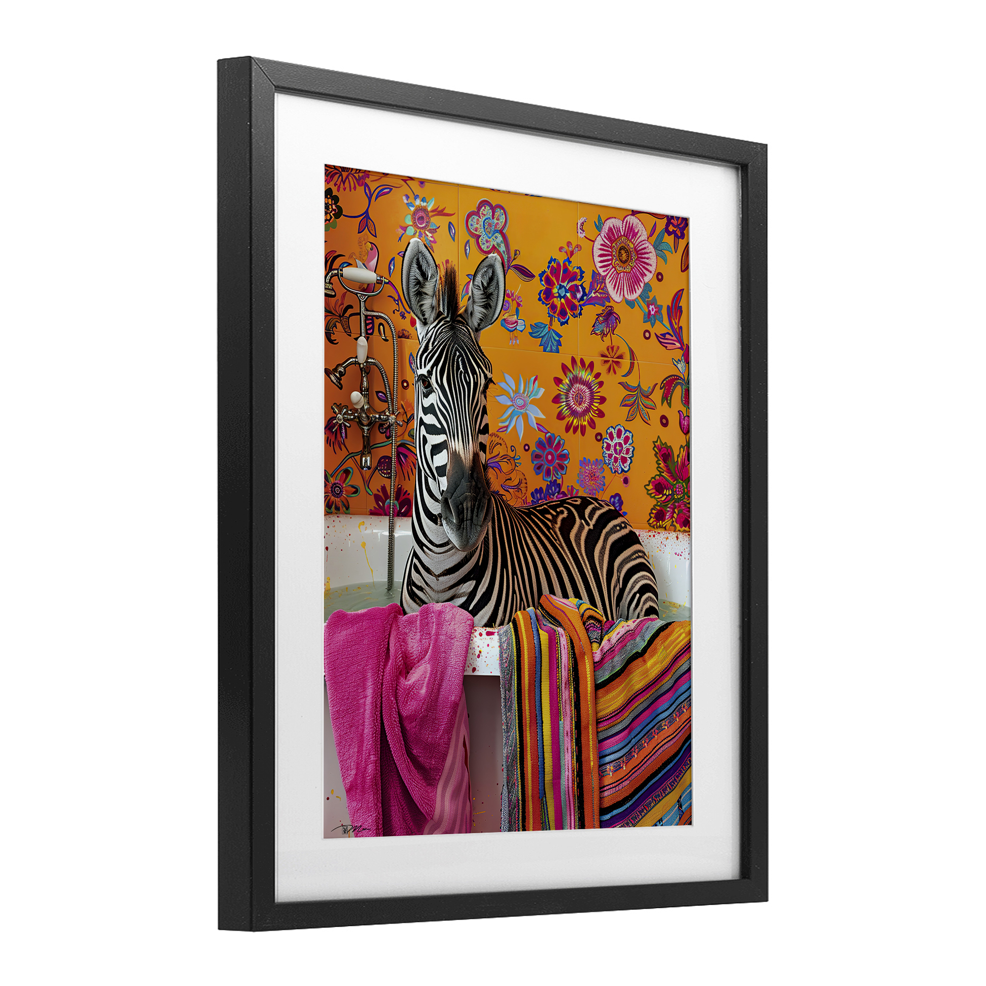 Zebra Bath with Colorful Towel Black Framed Print Under Glass, design by Momart