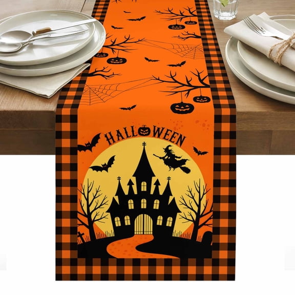 Halloween Table Runner - 72 Inch Long, Kitchen Dining Table Runner Dresser Scarves, Orange Plaid Castle Pumpkin Witch Bat Check Farmhouse Decor for Coffee Tables Wedding Party Banquet